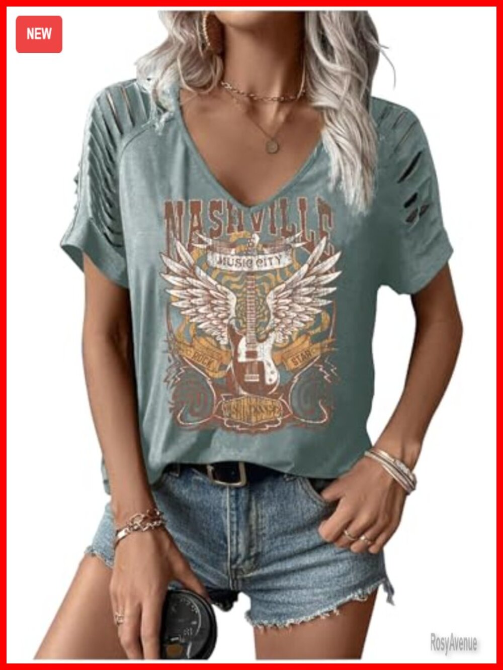 V-neck short-sleeved rock band t-shirt for women